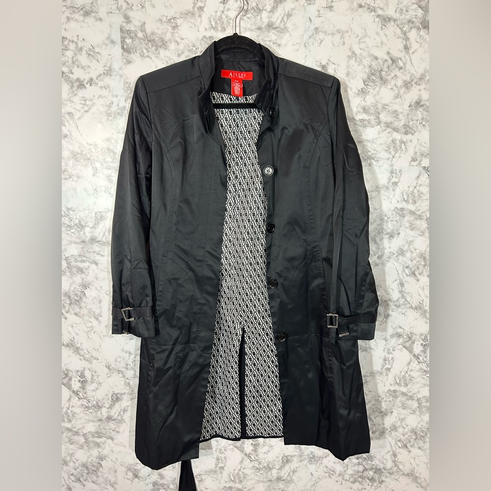 A|Line Women Petite Black Long Sleeve Trench Coat With Belt Buckle Size PS Used7